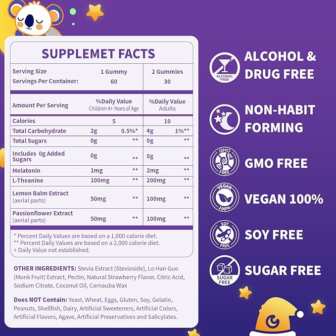 Kids Melatonin 1mg Gummies Twin Pack (120 Count) 2x60 Strawberry Gummies Safe Sleep Support for Ages 4+ with L-Theanine Vegan Sugar Free