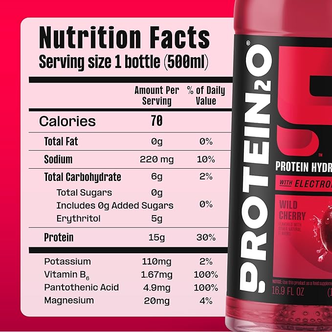 Protein2o Hydration Drink - 2-in-1 Liquid Clear Whey Protein Isolate and Electrolyte Drink - 15g ProteinVitamins B5B6 - Post-Workout Recovery - 16.9 Fl Oz - Wild Cherry(Pack of 24)