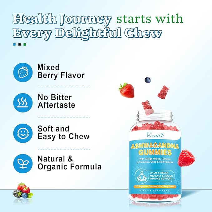2 Pack Ashwagandha Gummies with Turmeric GABA Mood Energy and Immune Support Mixed Berry Flavor 120 Cts