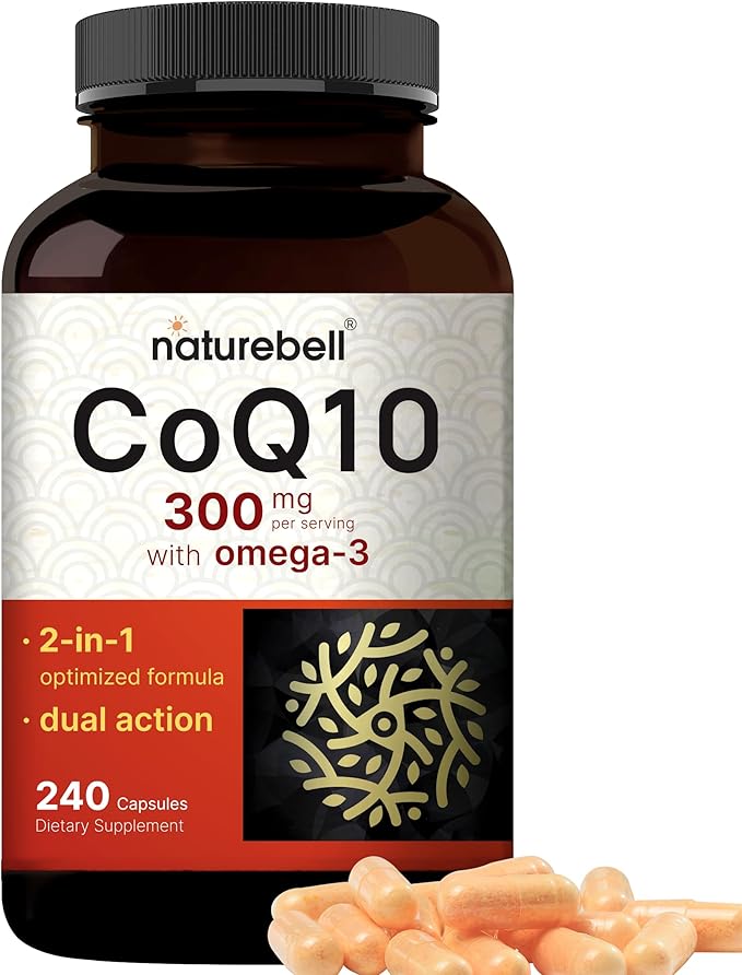 NatureBell CoQ10 300mg - 240 Capsules - High-Potency Support for Healthy Heart - Daily Energy &amp Vitality Aid with Antioxidant Support - Easily Absorbed Ubiquinone &amp Omega-3*
