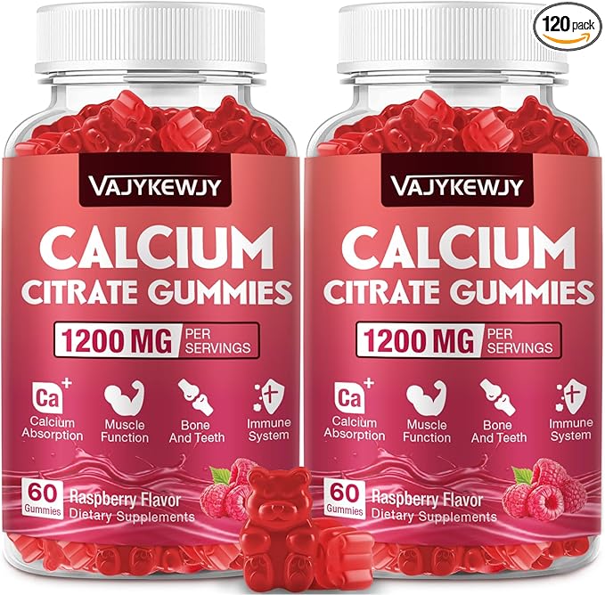 Calcium Citrate Gummies 1200mg for Adults &amp Kids - Bone &amp Teeth Support Easy Absorption Delicious Raspberry Flavor - Non-GMO Gluten Free Vegan - 120 Count
