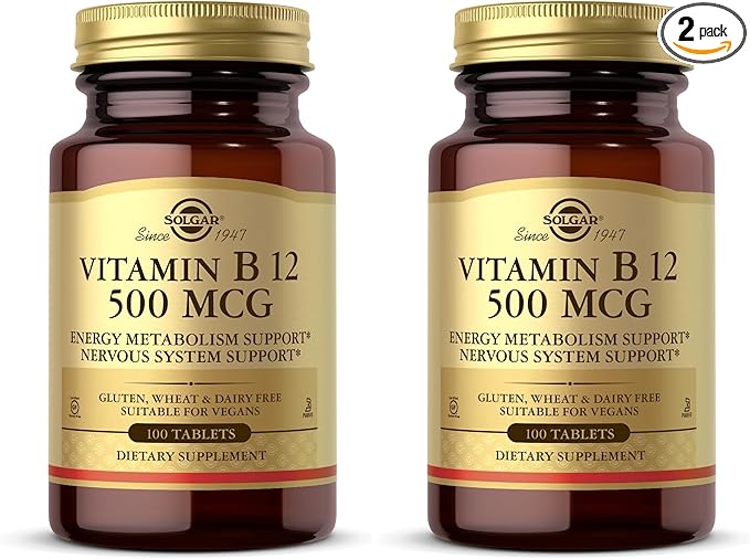 Solgar Vitamin B12 500 mcg - 100 Tablets - Vegan Gluten Free Dairy Free Kosher - 100 Servings (Pack of 2)