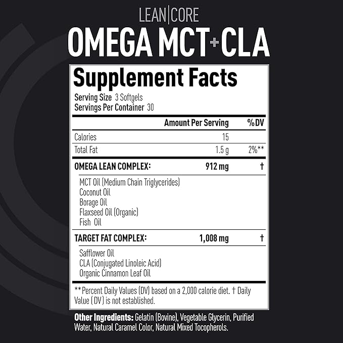 Lean Omega MCT + CLA - Stimulant Free Health Formula Lean Muscle &amp Toned Physique Omega 3-6-9 Fatty Acids - Flaxseed Fish Oil- Coconut Oil- Keto Friendly 30 Day Supply (90 Softgels)