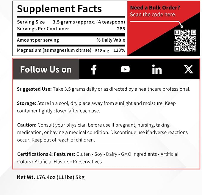 Magnesium Citrate Anhydrous Powder USP Grade - 5 kg (11 lb) - Fine Mesh Water Soluble Supplement for Capsule &amp Tablet Formulations