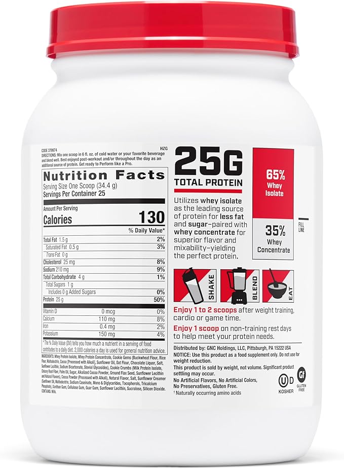 GNC Pro Performance 100% Whey Protein Powder 2.0 Fast Absorbing for Muscle Strength and Recovery Cookies and Cream 25 Servings