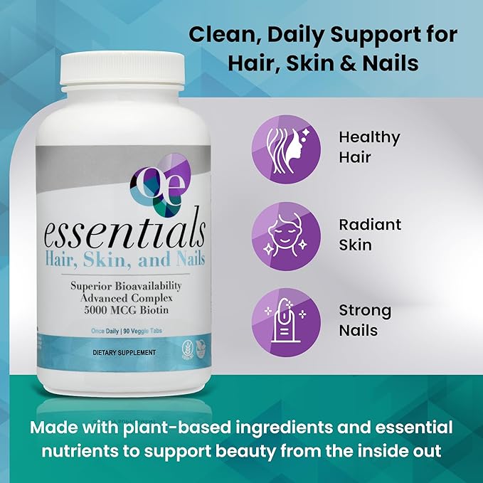 Organic Excellence Hair Skin and Nails Vitamins for Women &amp Men – Biotin Supplement 5000 mcg– Hyaluronic Acid - Supports Healthy Hair Growth Radiant Skin &amp Strong Nails 3 Month Supply (90 T