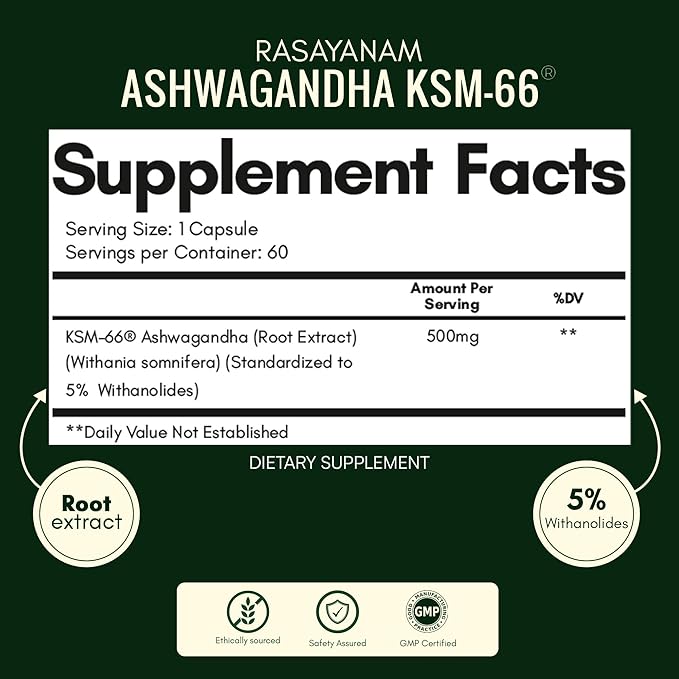 Rasayanam Ashwagandha KSM-66® | 5% Withanolides for Max Results |100% Pure Root Extract | Energy &amp Recovery Support | World’s Strongest Ashwagandha | 60 Capsules