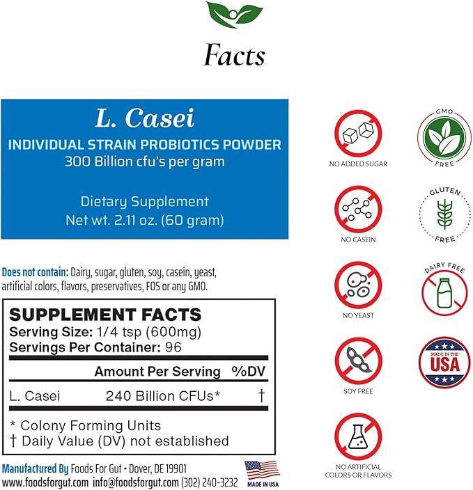 Foods For Gut Lactobacillus Casei Probiotic Powder 300 Billion cfu's | Made in USA | No Additives | Direct from Manufacturer | No Third-Party Storage | Immune Support | L. Casei | 60 Grams (2.11 Oz)