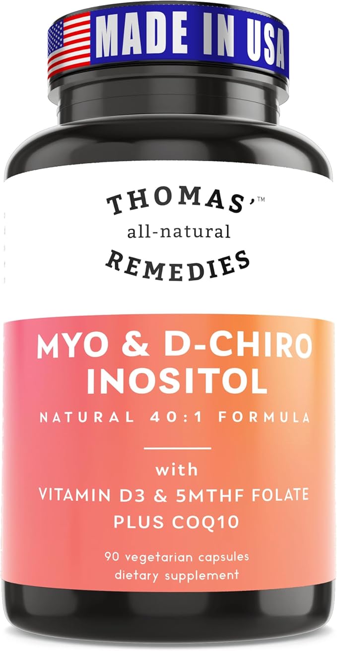 Thomas' all-natural Remedies Myo Inositol Supplement &amp D-Chiro Inositol Blend Supplement with Folate and Vitamin D3 40 to 1 Ratio Non-GMO No Fillers CoQ10 90 Vegan Capsules