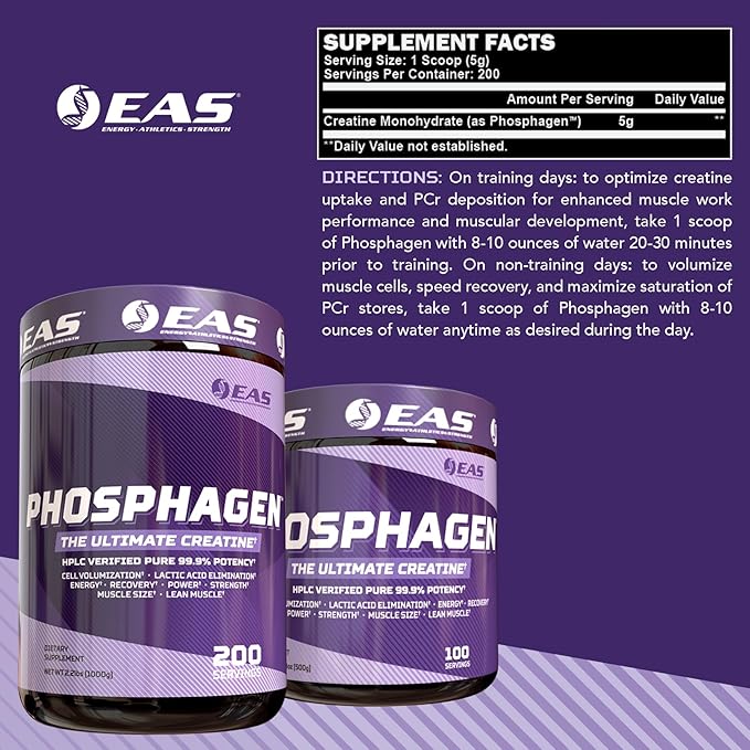 EAS Phosphagen Ultimate Creatine Powder | Power Strength Muscle Size &amp Cell Volumization | Pure 99.9% Potency | 100 Servings (Unflavored)