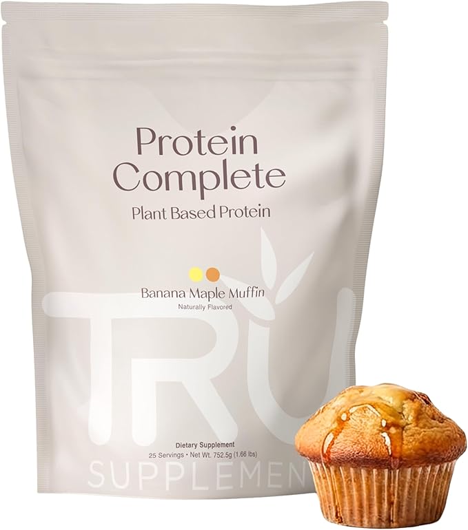 TRU Supplements Plant Based Protein Powder BCAA EAA 20g Vegan Brown Rice &amp Pea Protein 100 Calories 27 Vitamins No Artificial Flavors 25 Servings (Banana Maple Muffin)
