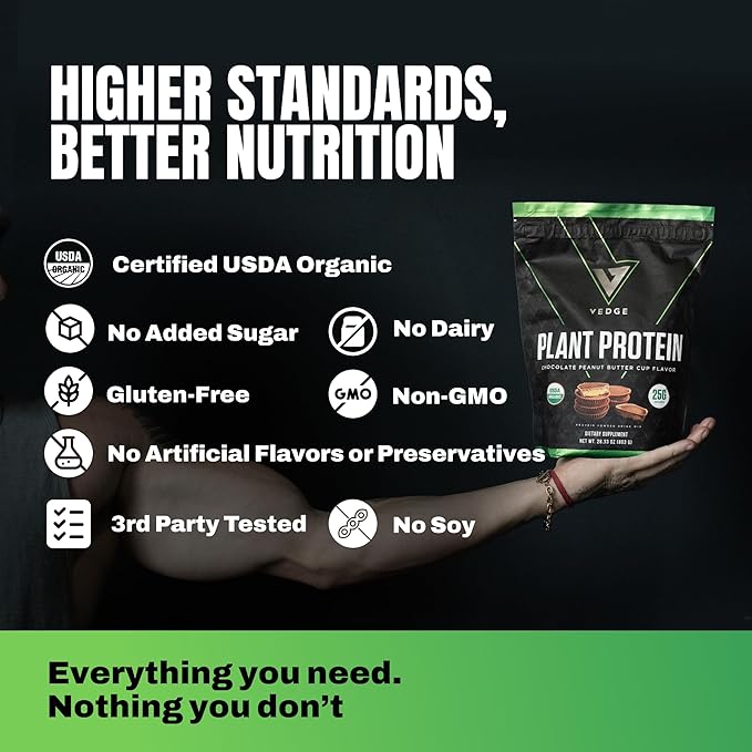 VEDGE Vegan Protein Powder - Plant Protein Powder with Pea Pumpkin &amp Sunflower - USDA Organic Amino Acids Dairy Free Gluten Free Soy Free Keto Non GMO - Peanut Butter Cup - 20 Servings