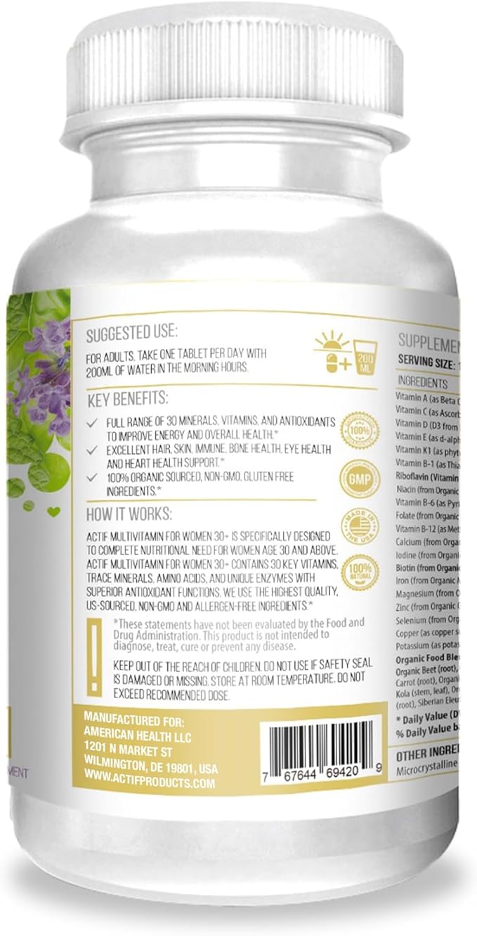 ACTIF Multivitamin for Women Age 30+ with 30 Organic Vitamins and Organic Herbs Non-GMO Made in USA 2-Month Supply