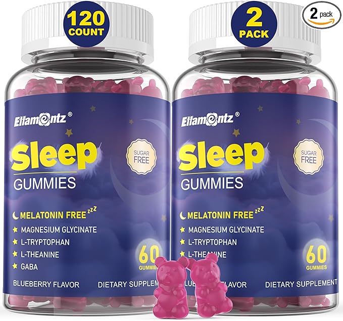 Sleep Gummies No Melatonin Sleep Aid for Adults with Magnesium Glycinate Melatonin Free Calm Sleeping Gummy Supplement with L-Tryptophan L-Theanine GABA Ashwagandha Valerian - Sugar Free 120ct