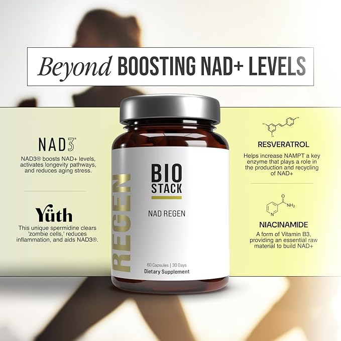BIOSTACK NAD Regen - Advanced NAD+ Supplement with NAD3 Yüth Spermidine Resveratrol Niacinamide | NMNH Alternative | Anti Aging Longevity &amp Cellular Health Vitamin B3 Complex (180 Capsules)