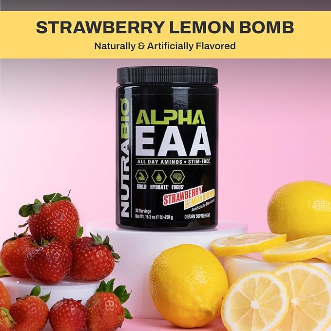 NutraBio Alpha EAA - All-Day Amino Acids for Muscle Growth and Hydration - Essential Amino Acids with Nootropics &amp Adaptogens- Full Spectrum EAA BCAA Powder - 30 Servings - Strawberry Lemon