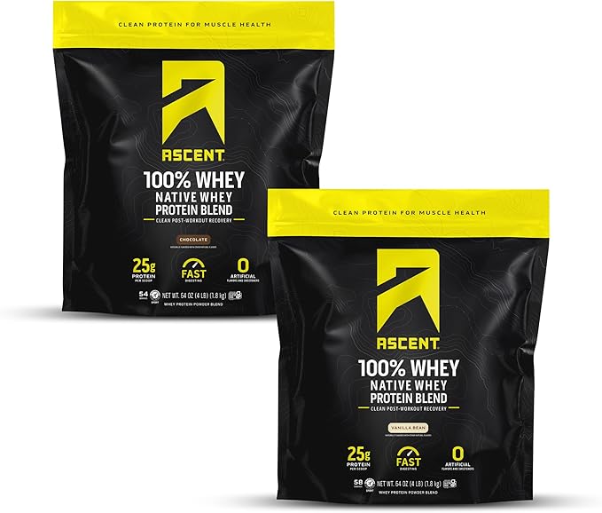 Ascent 100% Whey Native Whey Protein Blend - Clean Post Workout Recovery Digesting Zero Artificial Flavors &amp Sweeteners Gluten Free 5.5g BCAA 2.6g Leucine Vanilla 4lb + Chocolate 4lb