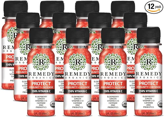 Remedy Organics Immunity Plus Shot Protect | Boost Energy Brain Function Detoxification and Metabolism | Brain Juice | Certified-Organic Ingredients 12 Packs