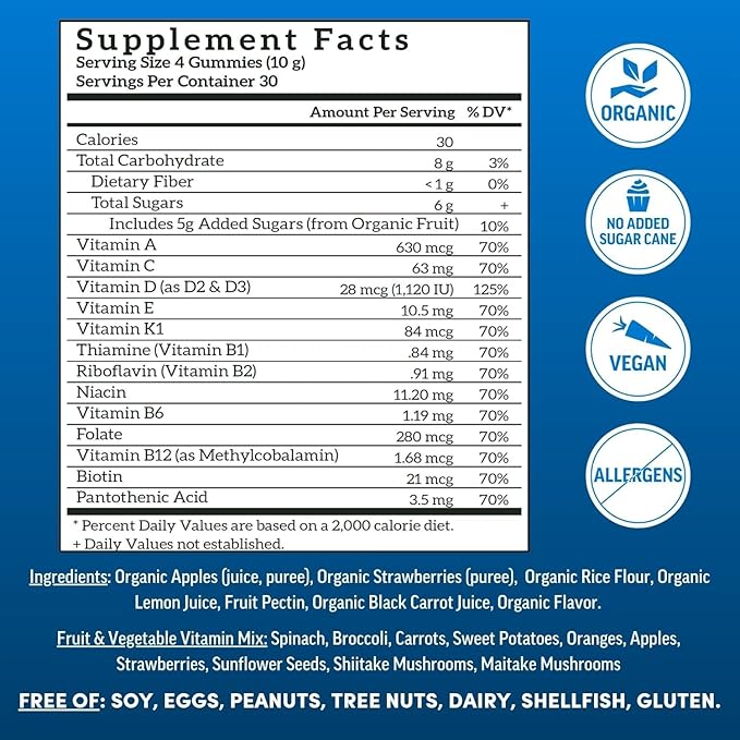 Llama Naturals Multivitamin for Men Vegan Organic Gummies with Vitamin D C and K Men's Real Fruit Gummy Vitamins Chewable Multivitamin Supplement No Added Sugar Cane Strawberry 120 Ct