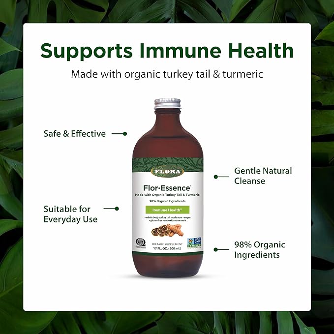 Flora Health Flor-Essence with Turkey Tail &amp Turmeric Rich in Polysaccharides 35+ Phenolic Compounds with Antioxidants and Immunity Support 17-fl. oz. Glass Bottle