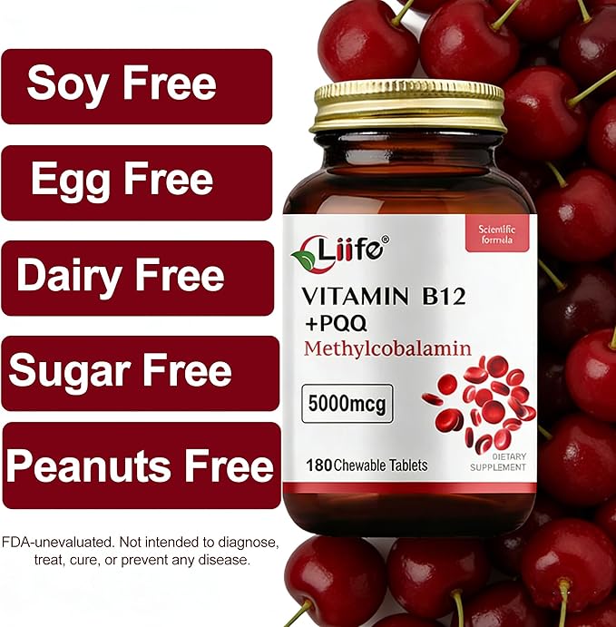 LIIFE Methylcobalamin (Higher PQQ + Vitamin B12) 5000 mcg | Boosts Antioxidant Power &amp Mitochondrial Support Promotes Brain &amp Nerve Health | 180 Chewable Tablets Gluten-Free Formula Cherry