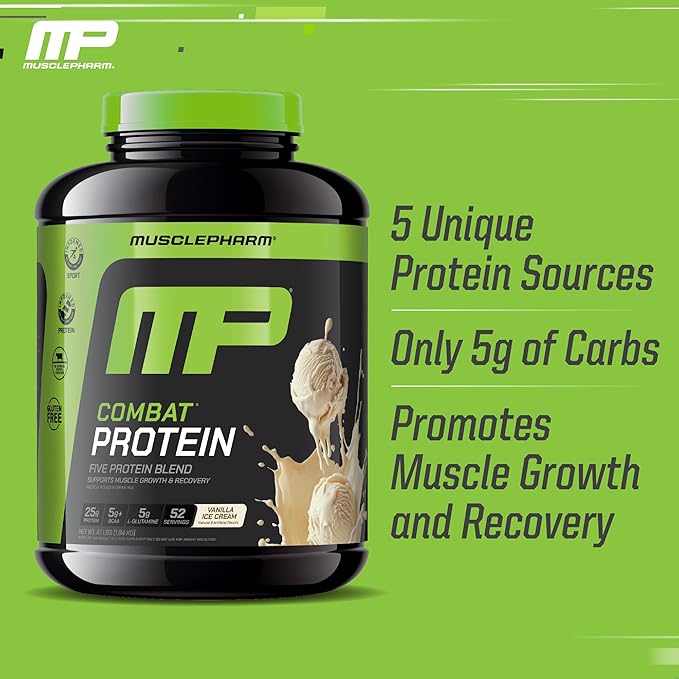 MusclePharm Combat Protein Powder Vanilla Flavor Fuels Muscles for Productive Workouts 5 Protein Sources including Whey Protein Isolate &amp Egg Albumin Gluten Free 4 lb 52 Servings