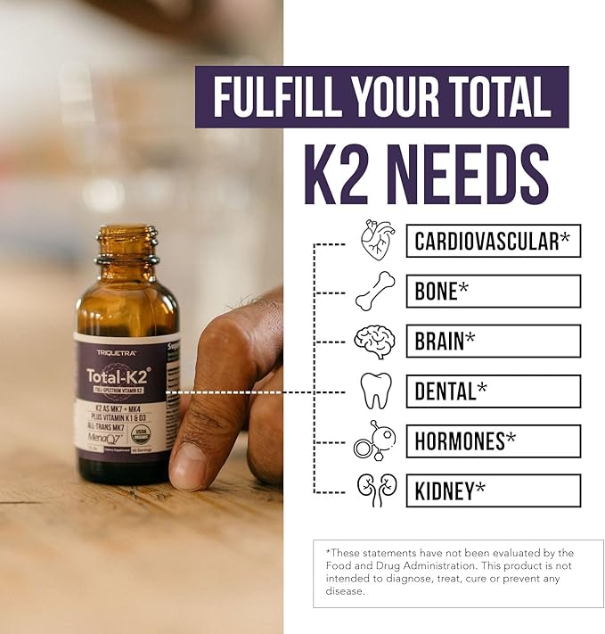 Total K2® | Vitamin K2 as MK7 &amp MK4 | Plus K1 &amp Vitamin D3 Cofactor - 620 mcg K2 per Serving - All-Trans MK7 from MenaQ7® - Full-Spectrum Vitamin K - Vegan Organic Certified (Liquid 1 oz)