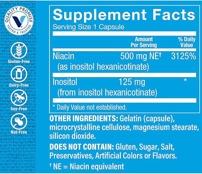 The Vitamin Shoppe No Flush Niacin 500mg - Cholesterol &amp Cardiovascular Support | Inositol Hexanicotinate | 100 Capsules | Flush-Free