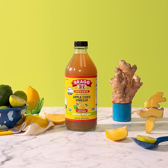 Bragg Organic Apple Cider Vinegar With the Mother 128 ounce and Bragg Organic Citrus Ginger Enhanced Vinegar Drink 16 ounce Bundle