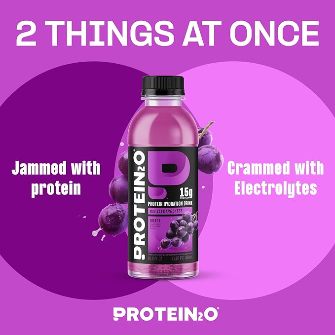 Protein2o Hydration Drink - 2-in-1 Liquid Clear Whey Protein Isolate and Electrolyte Drink - 15g Protein Vitamins B5 B6 - Post-Workout Recovery - 16.9 Fl Oz - 12 Count Grape