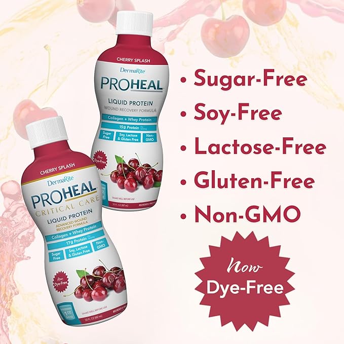 DermaRite's ProHeal Protein Supplement - Liquid Protein Wound Recovery Formula 15g of Collagen &amp Whey Protein - Cherry Splash Flavor 30 oz. 1 Count