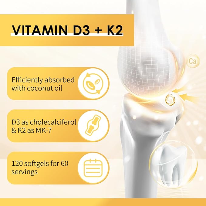Vitamin D3 K2 Supplement with Vitamin D3 5000 IU 200 mcg Vitamin K2 MK-7 &amp Natural Coconut Oil Plant Based 2-1 Formula for Bone Teeth Muscle and Immune Health Support120 Softgel Capsules