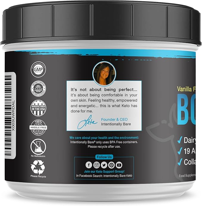 Intentionally Bare Bone Broth Protein Powder Vanilla - Grass Fed Protein Powder with Multi Collagen Peptides Type 1 2 and 3 - Dairy Free Bone Broth Powder for Skin Gut and Joint - 20 Servings