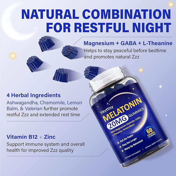 Melatonin 20mg Gummies for Adults - Max Strength Melatonin Gummy Supplement with Magnesium Glycinate B6 B12 L-Theanine GABA &amp Herbs - Non-Habit Forming Vegan Natural Mixed Berry Flavor