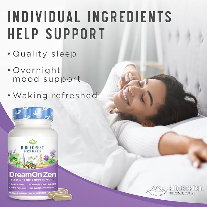 Ridgecrest Herbals DreamOn Zen Sleep Support Supplement Melatonin Free Magnesium 5-HTP Lavender Chamomile Valerian Lemon Balm for Adults and Children 12+ (60 Caps 30 Serv)