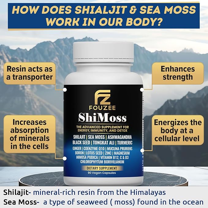 ShiMoss Supplement w/Shilajit 1000mg Sea Moss 7000mg Ashwagandha 9000mg Tongkat Ali 90000 mg Vitamin C B12 Boron Turmeric Ginger - Immunity Dietary Capsule for Men &amp Women - 90 Count
