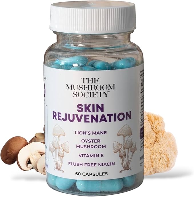 Skin Rejuvenation Supplement - Inner Skin Glow &amp Cellular Repair Formula – Lion’s Mane Oyster Vitamin E Niacin + Beta-Glucans – Antioxidant + Beauty Blend - 120 Vegan Capsules