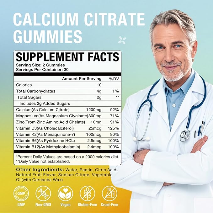 Calcium Citrate Gummies Calcium 1200mg with Vitamin D3 B6 B12 Magnesium Zinc Calcium Supplements for Women and Men Support Bone &amp Muscle Health 120 Chews Orange Flavor