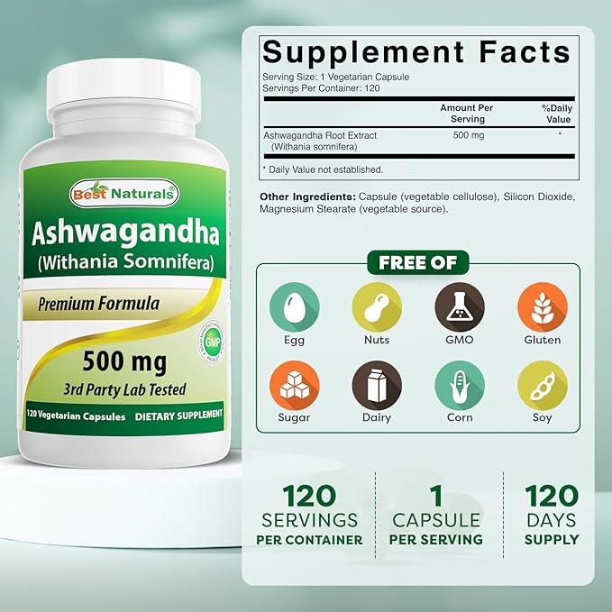 Best Naturals 3 Pack Ashwagandha Capsules for Relaxing Stress and Mood 500 mg 120 Count (Total 360 Capsules)