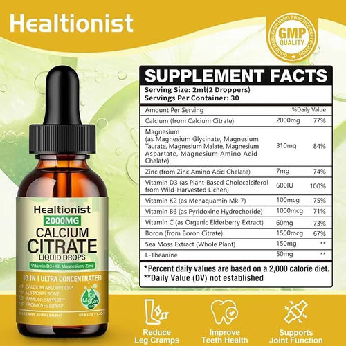 2 Packs 2000mg Calcium Citrate with Vitamin D3 K2 Supplements Liquid Drops for Women &amp Men Magnesium Zinc High Absorption Bone Teeth Muscle &amp Immune Support 4 Fl oz