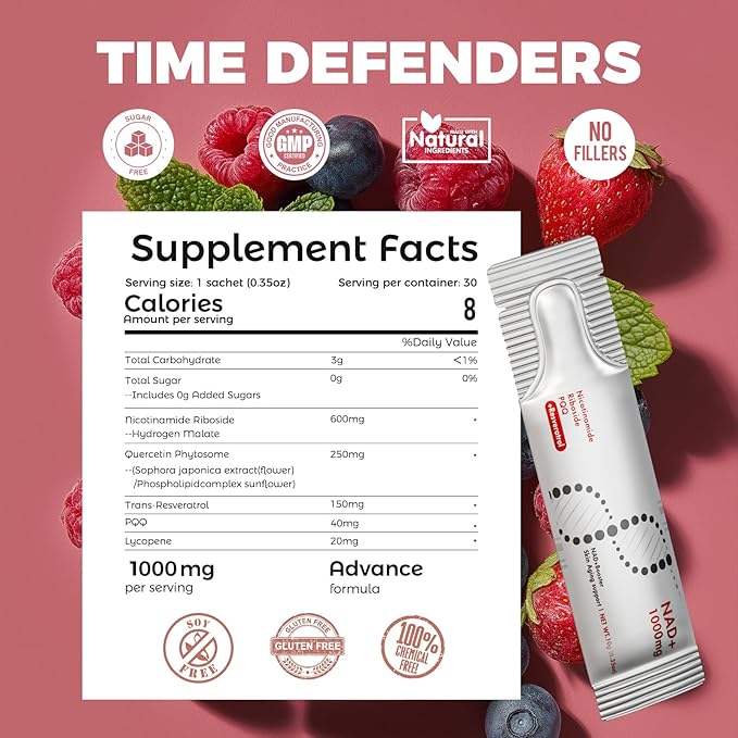 NAD+ Liquid Supplement 1000mg 30 Sachet Nicotinamide Riboside &amp Resveratrol with PQQ DNA Repair Advanced NAD Supplement for Men &amp WomenBoosts Cellular Energy