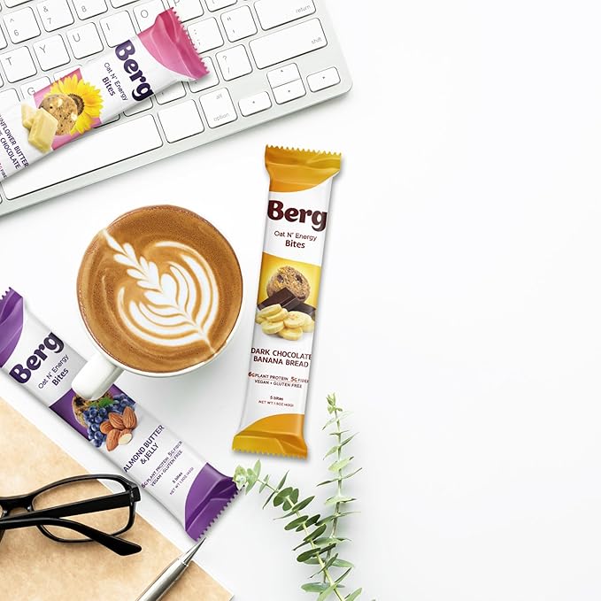 Berg Oat N' Energy Bites - Peanut Butter &amp Dark Chocolate - Non-GMO Gluten Free Dairy Free Soy Free and Vegan - Clean Energy Snack - 1.5oz (8 Pack)