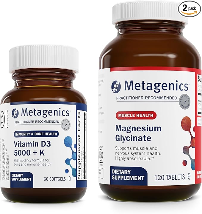 Metagenics Essential Wellness Duo: D3 5000 + K - Immune Support Bone and Heart Health - 60 Softgels &amp Highly Absorbable Magnesium Glycinate for Muscles and Nervous System Support - 120 Tablets