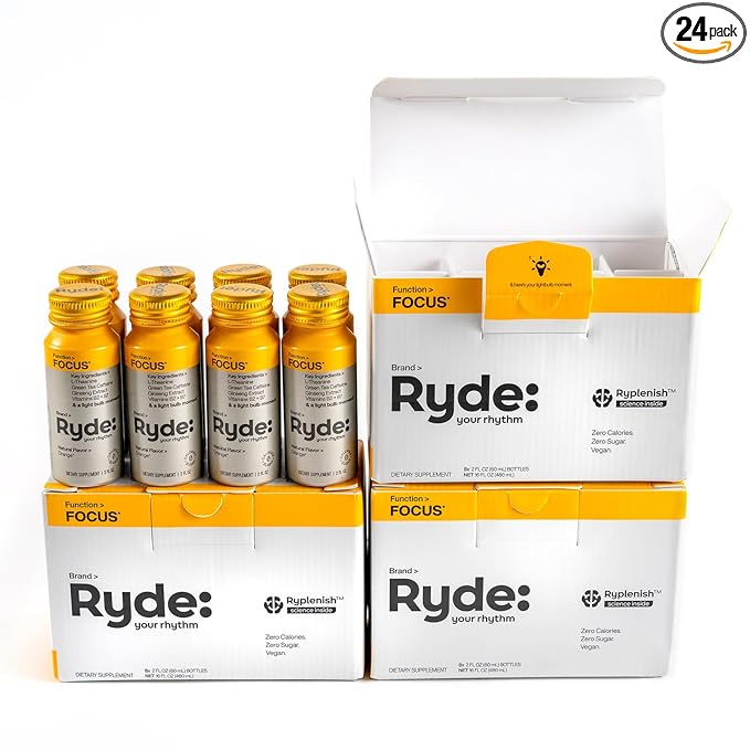 Ryde: Focus Shot | Orange Flavor | L-Theanine &amp Ginseng | Green Tea Caffeine | Vitamins B2 &amp B7 | 0 Calories 0 Sugar | 2 FL OZ Shots | Supports Focus* (24 Pack)
