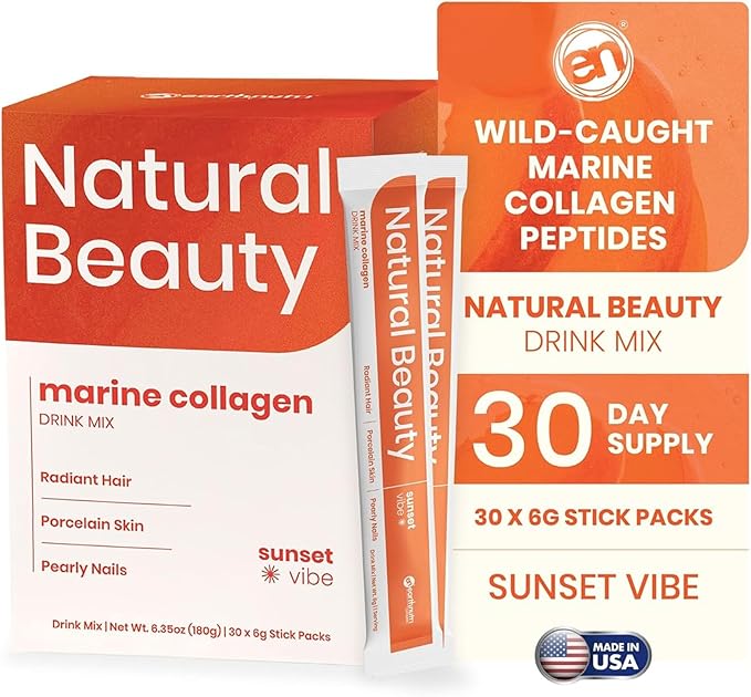 EarthNutri - Wild Caught Marine Collagen Powder - Supplement for Skin Hair &amp Nails - Enhances Skin Elasticity &amp Hydration - Hydrolyzed Collagen - Non-GMO - Sunset Vibe - 30 Sticks (1Pack)