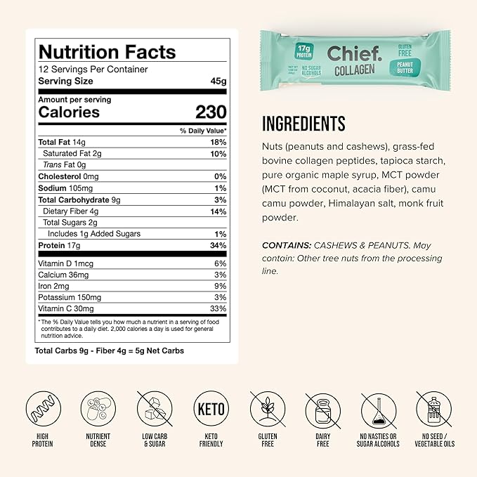 Chief Collagen Protein Bar Peanut Butter 100% Natural Ingredients Keto &amp Paleo Friendly Snack Gluten Free &amp Low Sugar 12 Pack
