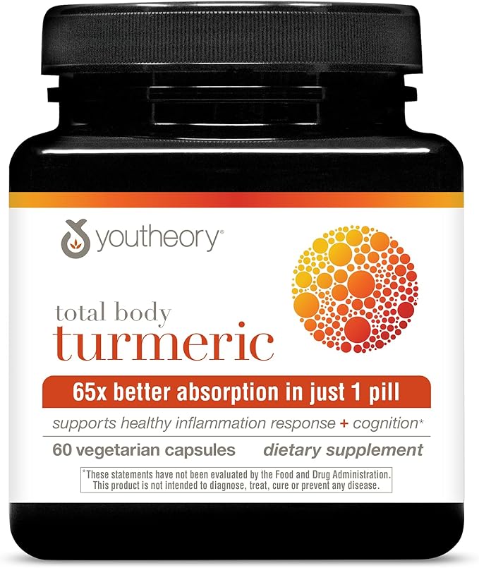 Youtheory Total Body Turmeric Vegetarian Capsules 30 Count Supports Healthy Inflammation Response and Cognition