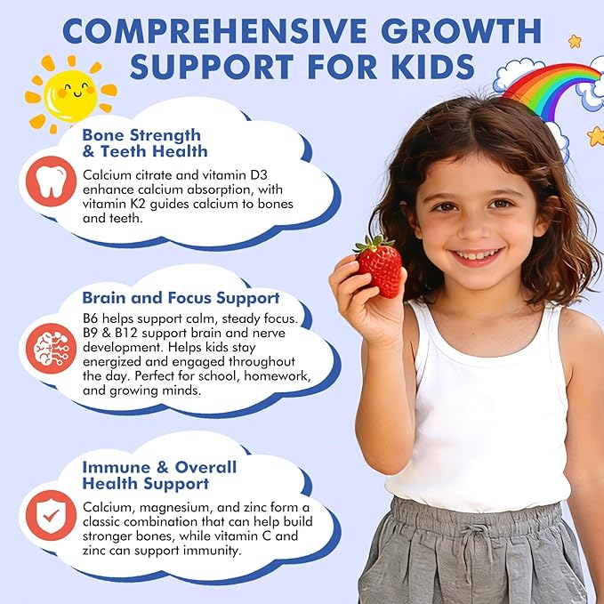 Kids Calcium Citrate Gummies with Vitamin D3 Supplement Calcium Citrate 300/600 mg with Magnesium Zinc &amp Multivitamin for Kids 4+ Support Bone Muscle &amp Digestive Health Sugar Free Strawberr