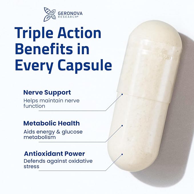 Geronova Research Bio-Enhanced R-Lipoic Acid 600 mg Dose - 2 Month Supply - Stabilized R Alpha Lipoic Acid with Enhanced Absorption - R Lipoic Acid Supplement - 120 Capsules