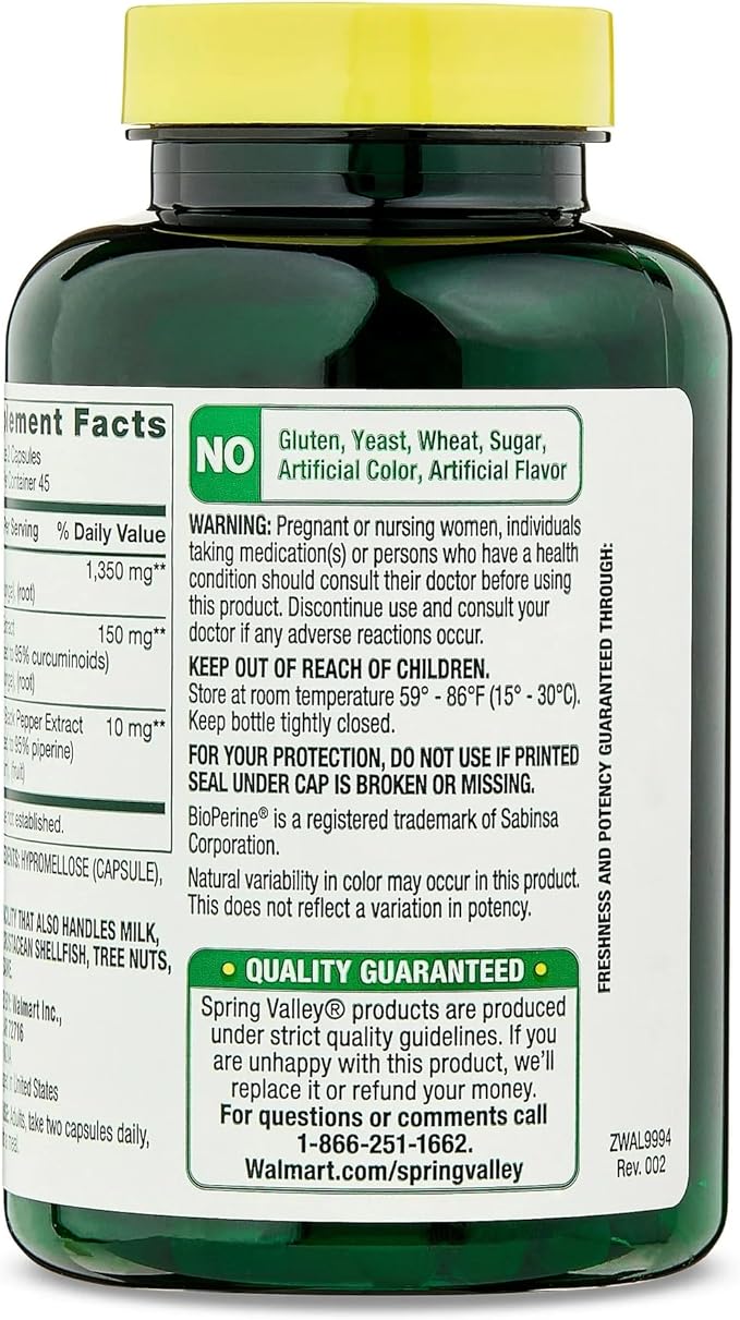 Spring Valley Ultra Strength Turmeric Curcumin 1500 mg with BioPerine 90 Vegetarian Capsules Turmeric Supplement for General Wellness Black Pepper Extract for Absorption